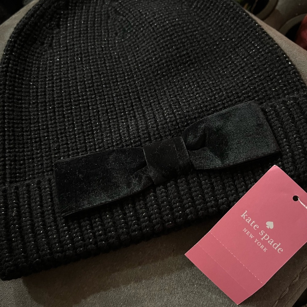 NWT - Kate Spade Black Beanie with Velvet Bow Accent